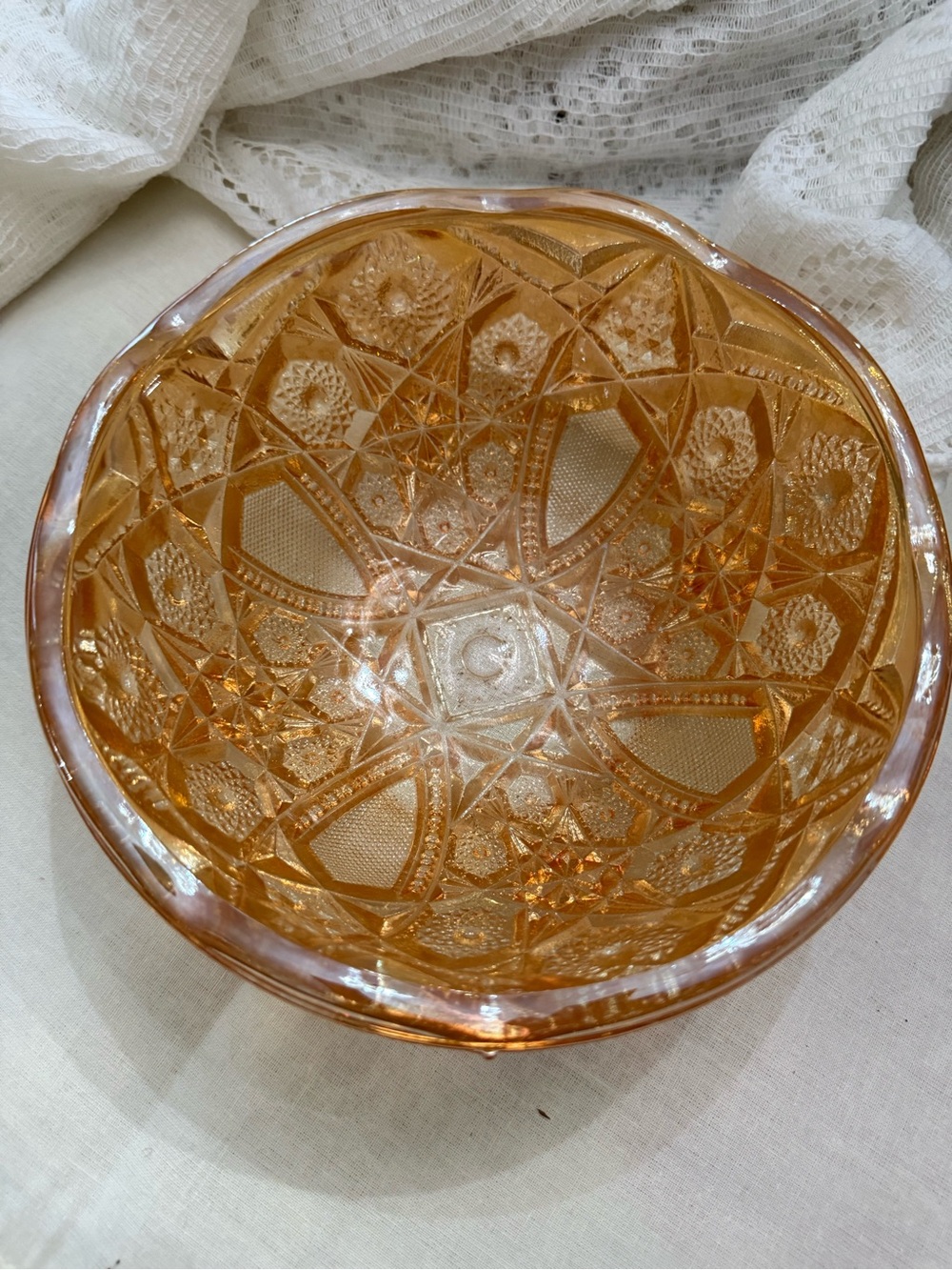 Vintage Imperial Glass bowl with marigold iridescent carnival glass finish